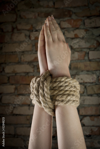 Photo: Hands tied up with rope Hands tied up with rope