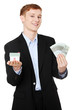 Businessman with money and house's model.