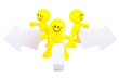 Three  toy  men stand near  arrows specifying a direction.