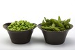 Edamame soy beans in a brown ceramic dish