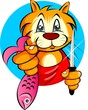 Illustration of cartoon kitten holding fish