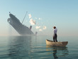 rescued man in boat looking on shipwreck