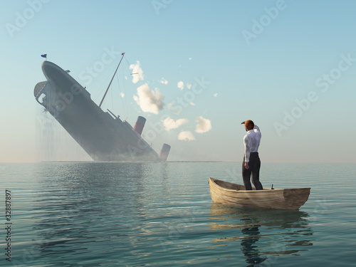 Illustration: rescued man in boat looking on shipwreck rescued man in boat looking on shipwreck