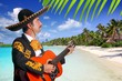 Charro mexican Mariachi playing guitar in beach