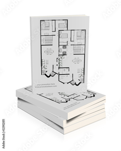 Illustration: Libros apilados con planos de una vivienda Libros apilados con planos de una vivienda