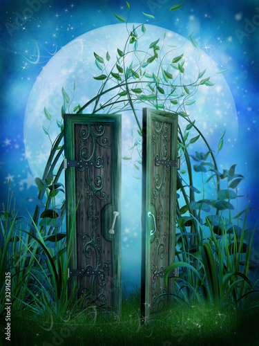 Illustration: Zaczarowane drzwi w niebieskim ogrodzie Zaczarowane drzwi w niebieskim ogrodzie