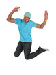 Smiling guy in a blue t-shirt jumping for joy Smiling guy in a blue t-shirt jumping for joy