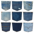collection of different jeans pocket isolated on white.
