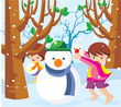 Illustration: Children playing in the snow with a snowman Children playing in the snow with a snowman