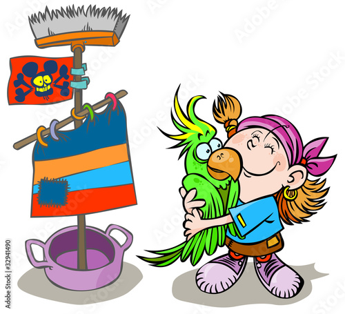 Cartoon Girl Pirate. Cartoon cute pirate girl with parrot.