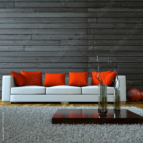 Illustration: Wohndesign - weisses Sofa mit roten Kissen Wohndesign - weisses Sofa mit roten Kissen