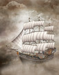 a old sailings Ship sails through the clouds