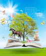 Magic book with a green tree and diferent animals