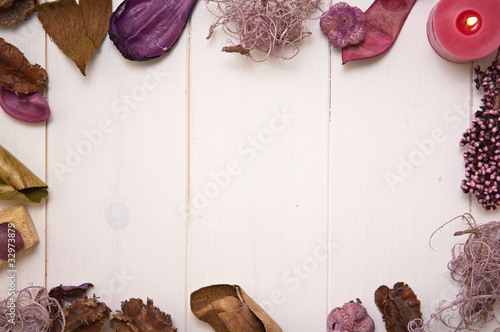 Photo: potpourri frame on wooden background potpourri frame on wooden background