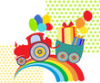 Cartoon rainbow tractor with color balloons and gifts. Cartoon rainbow tractor with color balloons and gifts.