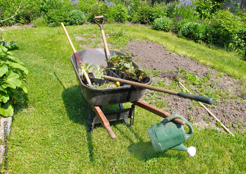 Photo: Wheelbarrow in herbaceous garden Wheelbarrow in herbaceous garden