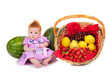 Baby with red hair near fruits