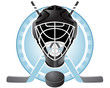Emblem with goaltender helmet, hockey sticks and puck