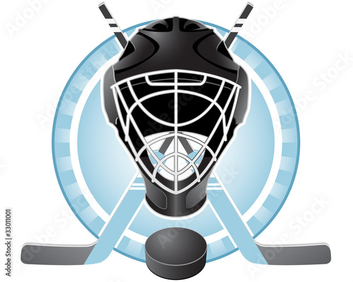 Vector: Emblem with goaltender helmet, hockey sticks and puck Emblem with goaltender helmet, hockey sticks and puck