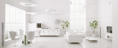 Photo: Modern weiss apartment interior panorama 3d render Modern weiss apartment interior panorama 3d render