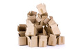 Pile of open cardboard boxes on white background