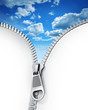 Opened zipper revealing a blue cloudy sky