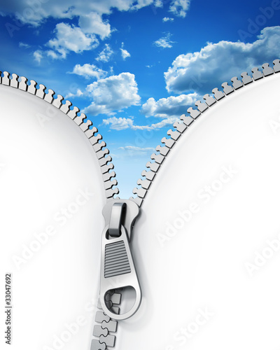 Illustration: Opened zipper revealing a blue cloudy sky Opened zipper revealing a blue cloudy sky