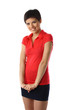 modest young woman with short hair on white background