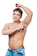 Muscular man's using an antiperspirant