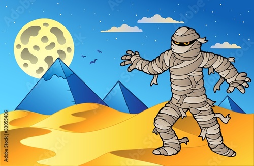 Vector: Night scene with mummy and pyramids Night scene with mummy and pyramids