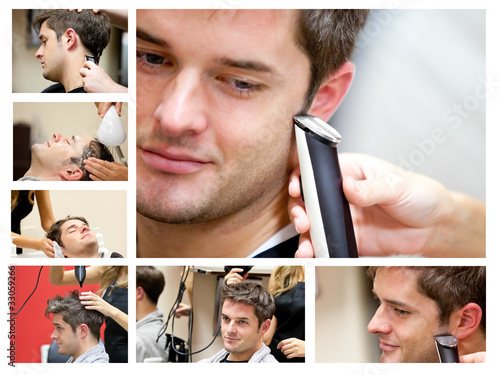 Photo: Collage of a young man at the hairdresser Collage of a young man at the hairdresser