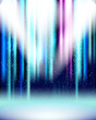 Blue spotlight background with light show effects.