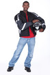 Motorcyclist wearing black jacket and helmet