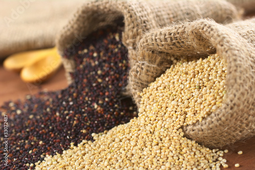 Photo: Raw red and white quinoa grains in jute sack on wood Raw red and white quinoa grains in jute sack on wood