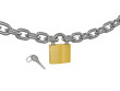 Locked padlock on the chrome-plated chain and key