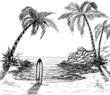 Seascape drawing with palm trees and surfboard