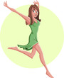 Cartoon young happy woman wearing green dress jumping Cartoon young happy woman wearing green dress jumping