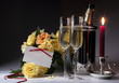 Art Romantic card with burning candles and champagne