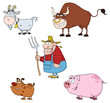 Farm Animals Cartoon Characters With Farmer Vector Set Farm Animals Cartoon Characters With Farmer Vector Set