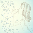 Vector: Beautiful girl drinking water on abstract bubbles background Beautiful girl drinking water on abstract bubbles background