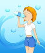 Beautiful girl drinking water on abstract wave background