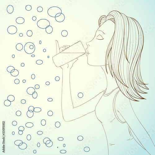Vector: Beautiful girl drinking water on abstract bubbles background Beautiful girl drinking water on abstract bubbles background