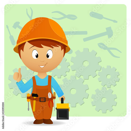Vector: Cartoon handyman with tools on industry background Cartoon handyman with tools on industry background