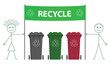 Stick man and woman holding green recycling banner Stick man and woman holding green recycling banner