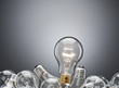 Illuminated light bulb in pile