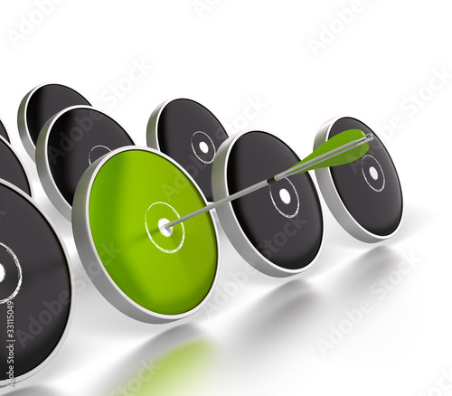 Illustration: many targets white background one green dart and arrow many targets white background one green dart and arrow