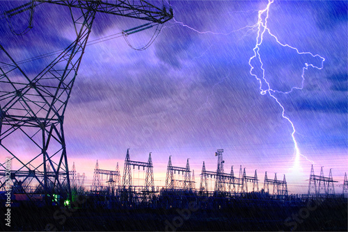 Photo: Power Distribution Station with Lightning Strike. Power Distribution Station with Lightning Strike.