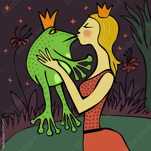 Vector: Blonde princess kissing the frog at night Blonde princess kissing the frog at night
