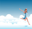 Cartoon young happy woman wearing blue jumping on clouds Cartoon young happy woman wearing blue jumping on clouds