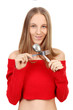 blonde with a fork and spoon